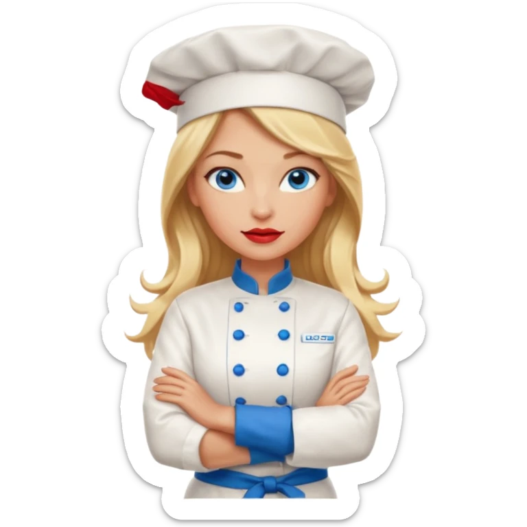 Beautiful, sexy,  long blonde hair, blue eyed, full red lips female chef arms folded  sticker