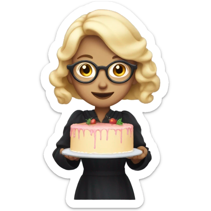 A witch with blonde hair and glasses holding a cake in her hand. sticker