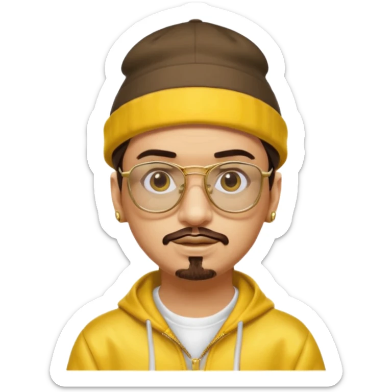 Ali G from Ali G Indahouse with brown eyes, dark brown hair, gold outfit, yellow glasses and hat sticker