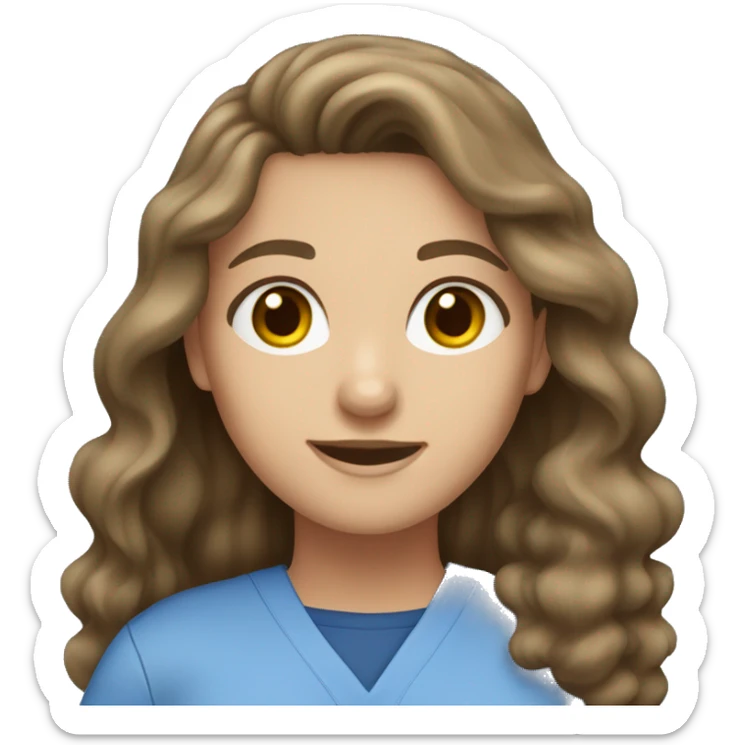 Caucasian brunette girl with long wavy hair, hazel eyes and blue scrubs sticker