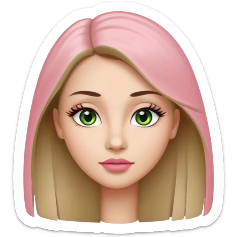 Adult woman avatar, light skin tone, oval face, long straight ash-brown hair, green almond-shaped eyes with dramatic eyelashes and minimal eyeliner, neutral mouth, medium straight eyebrows, small nose, natural pink lips, smooth skin with light natural blush sticker