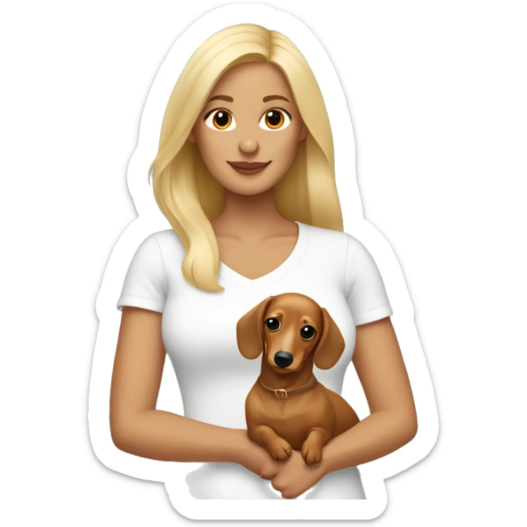 Blonde woman with tan skin wearing white top holding a blonde long haired dachshund  sticker