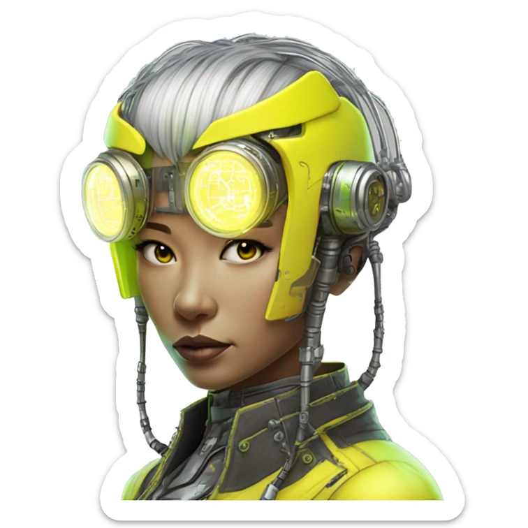 Neon yellow bobbed hair Asian female cyborg head with silver steampunk goggles and circuits sticker
