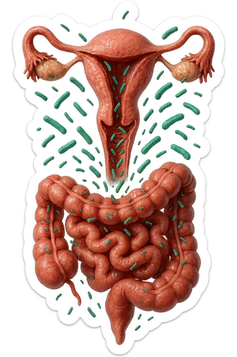 UTERO UMANO E INTESTINO ANATOMICI REALISTICI SONO UNO SOPRA ALL'ALTRO E SI PASSANO I BATTERI A VICENDA, CON BATTERI CHE ESCONO DALL'INTERNO, IPERREALISTICO 4K, NON DISEGNATO sticker