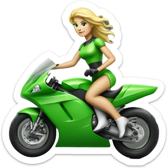 blonde woman and strong man on green racing motorcycle sticker
