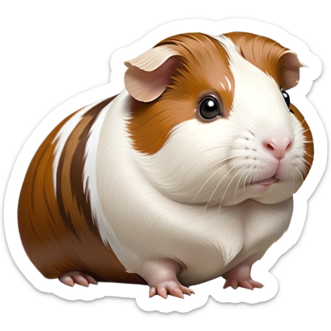 Cinematic Noble Brown and White Banded Guinea Pig Portrait Emoji, Poised and regal, with a compact, chubby build and a uniquely patterned fur of warm brown and crisp white banding, deep-set soulful dark eyes, Simplified yet sharp and sophisticated features, highly detailed, glowing with a soft, dignified glow, high shine, intelligent and charming, stylized with an air of distinctive elegance, focused and attentive, soft glowing outline, capturing the essence of a watchful and confident companion, so majestic it feels as though it could scurry out of the screen with effortless authority! sticker