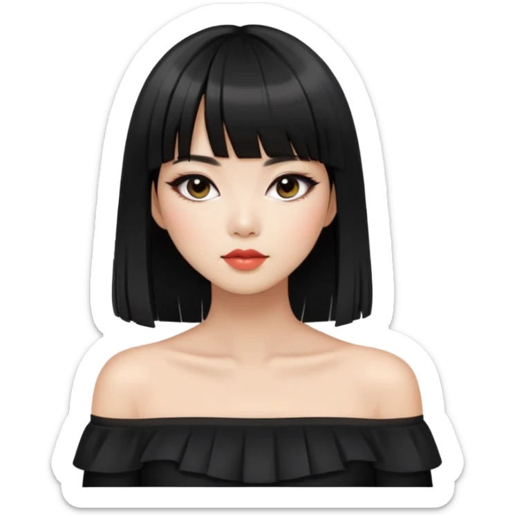 chic woman with Asian skin, black long straight bangs, wearing a black off-shoulder top, and makeup sticker