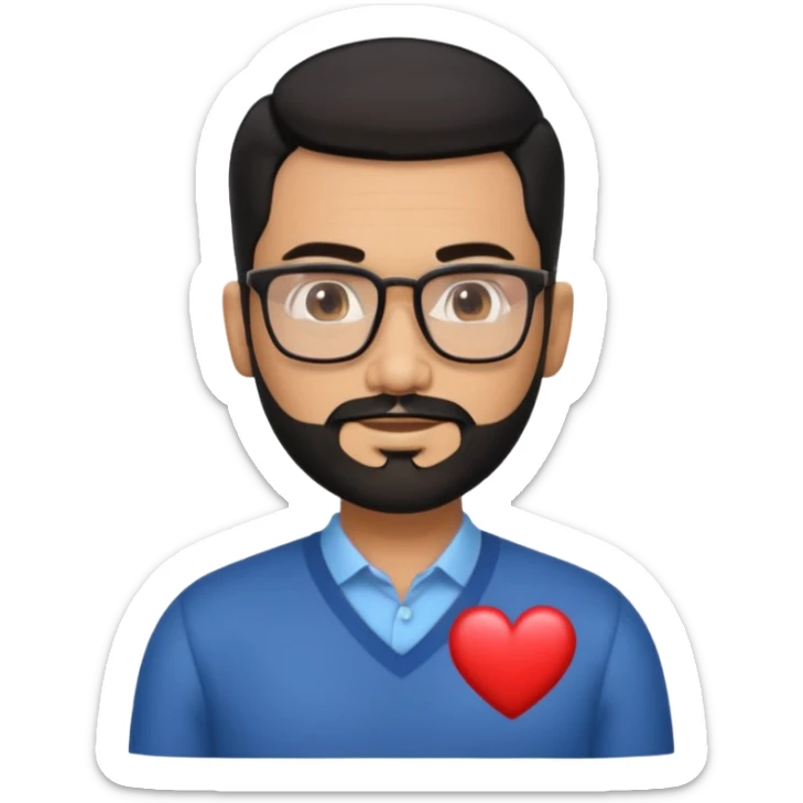 Attractive Hispanic TV host in his mid to late 40s with light brown skin, short straight black hair slicked back with fade on sides, heart handsome face with strong jawline, friendly approachable expression, black beard, wearing glasses sticker