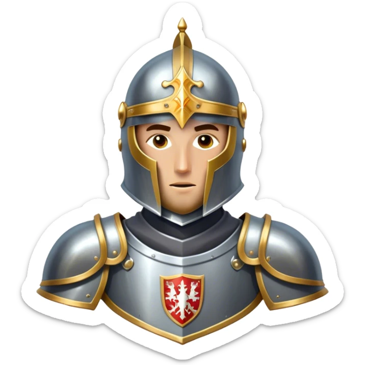 Clash of Clans aesthetic friendly Knight Portrait Emoji, With a noble, armored build featuring a gleaming suit adorned with intricate heraldry and a determined gaze behind a visored helm, his face rendered in a natural skin tone (not yellow), Simplified yet dynamic features, highly detailed, glowing with a cool, steely radiance, high shine, courageous and resolute, stylized with an air of chivalric valor, focused and stalwart, soft glowing outline, capturing the essence of a valiant knight ready to charge into epic quests with honor! sticker