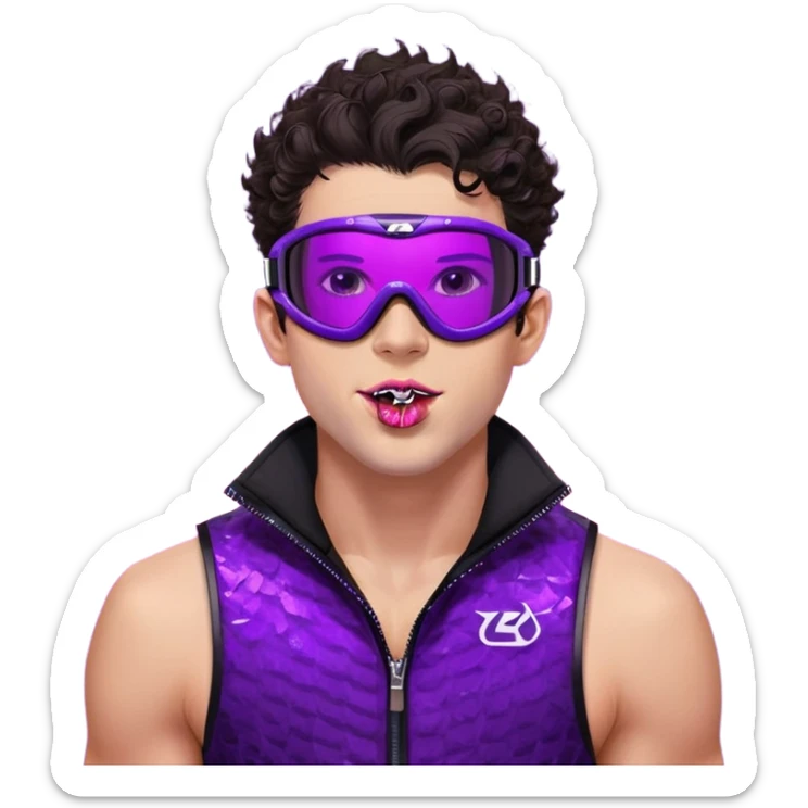 close-up of cool guy male athlete with white skin and moderately curly dark brown hair on top with shaved sides, with one purple ski goggle lens pushed up above his eyes on his forehead, sticking his tongue out of his mouth, a simple plain black chain necklace, and a completely unzipped sleeveless vest with purple and black sequin fire pattern design with no logo sticker