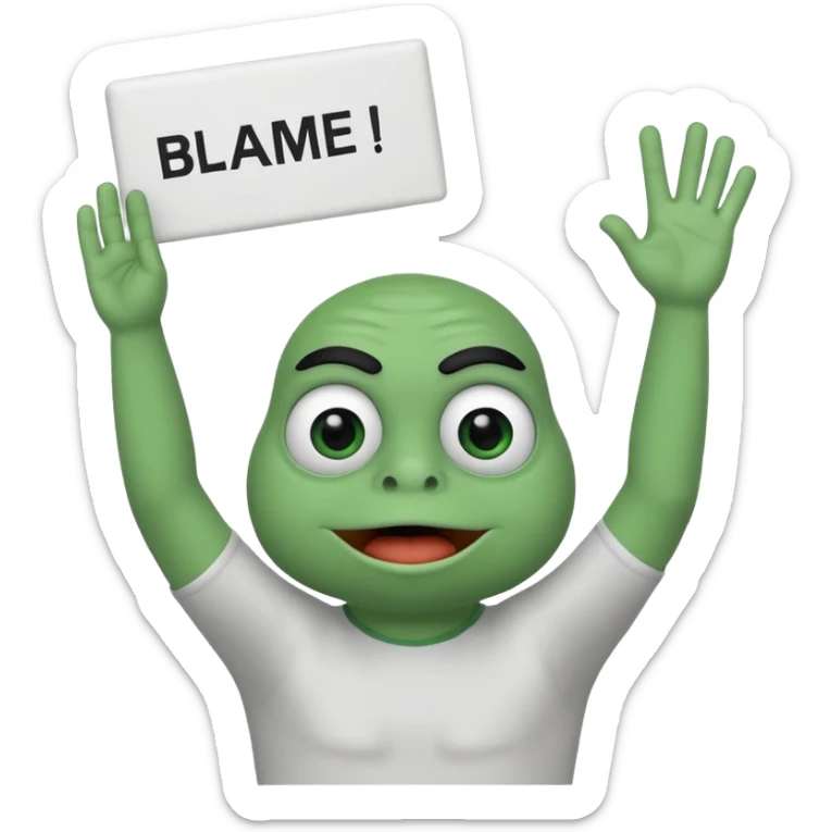 Animated pepe holding sign with 2 hands up in the air and write on it blame epiic sticker