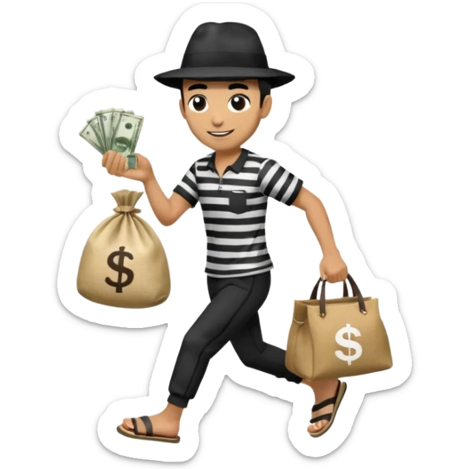 Make a man wear a black pant and he shirt is balck line and white line and wear a black hat and he holding a money bag and he running he wear a black eye thing no money in the Left hand and he yellow and the money bag in the right he wear a flip flop like this is Money bag 💰 NO MONEY sticker