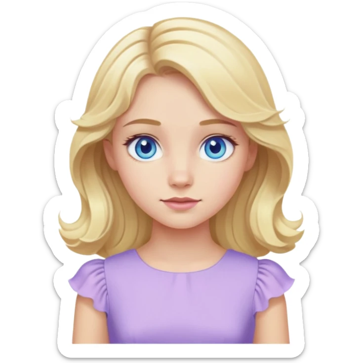 blonde girl with blue eyes and slight wavy hair wearing a lilac dress sticker