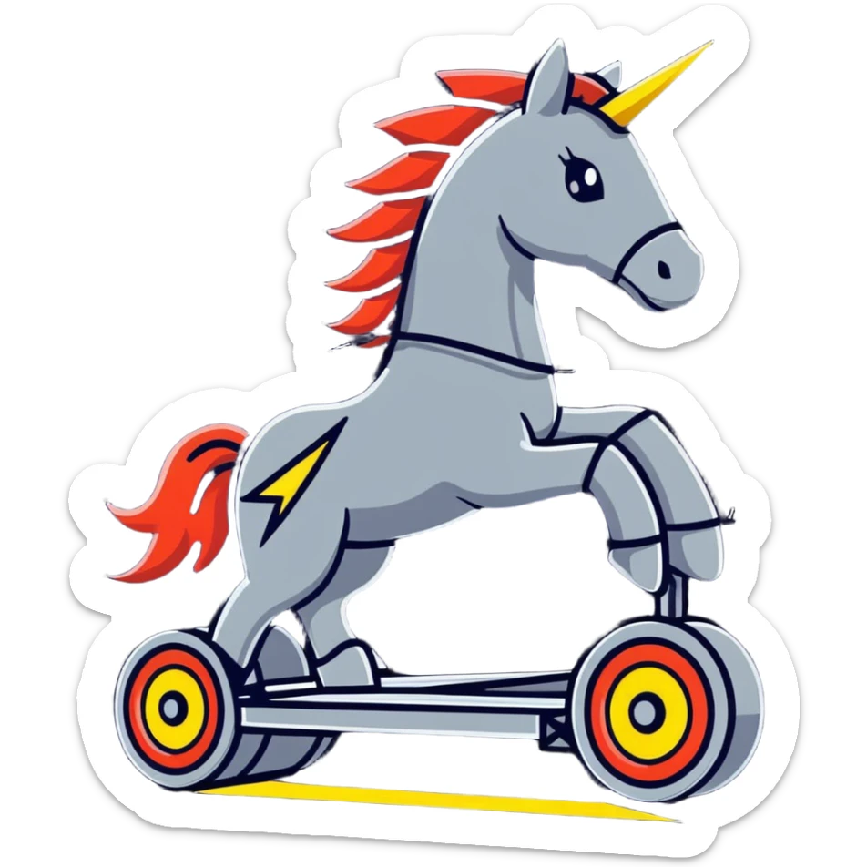 Dynamic electric horse made of metal plates and wires with lightning bolts emanating from its body as it races forward sticker