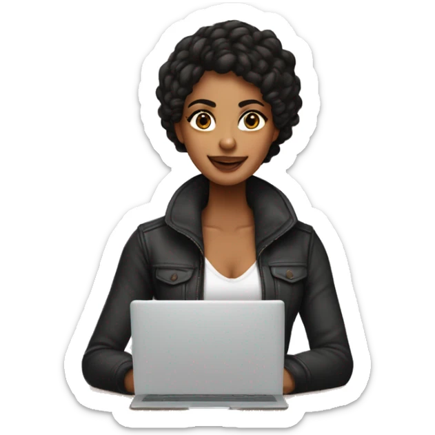 Chica de piel morena, cabello liso ondulado negro, ojos marrones con una laptop sticker