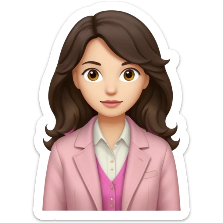 Portrait of woman with dark long wavy hair in white shirt, pink sweater and beige jacket sticker