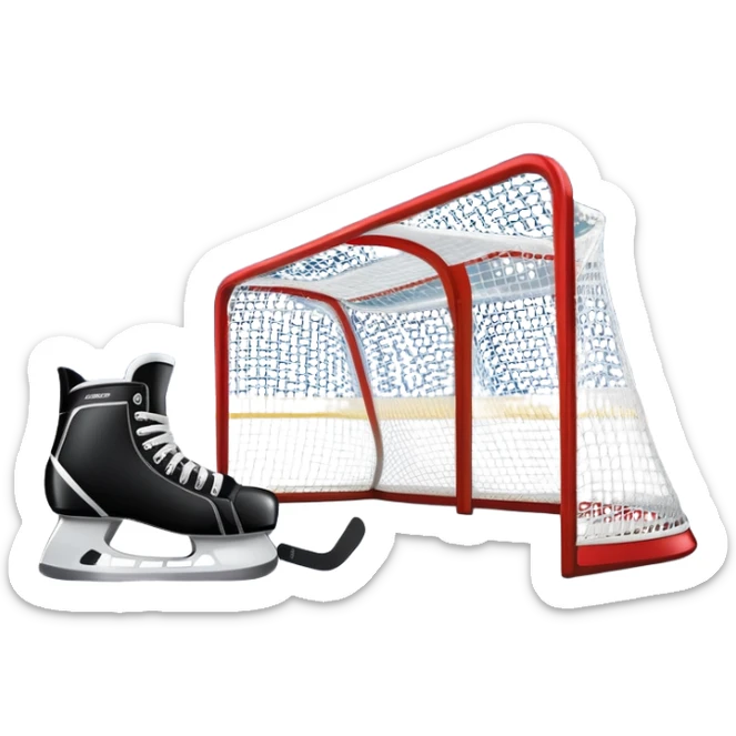 An icon showing a hockey stick, puck, skates, and goalposts on the ice. The background features a large hockey stadium with cheering fans, bright lights, and a snowy landscape visible through the arena. Transparent background highlights the main hockey equipment and atmosphere. sticker