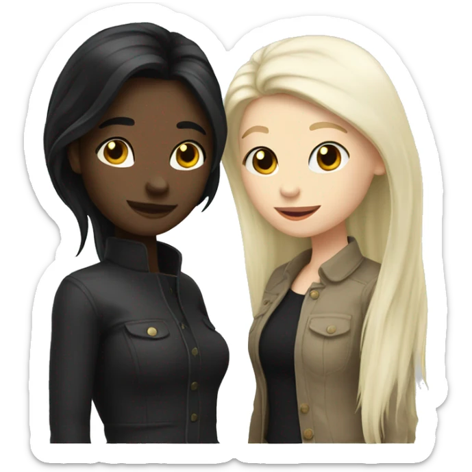 A lesbian couple with white skin and long black hair flirting sticker