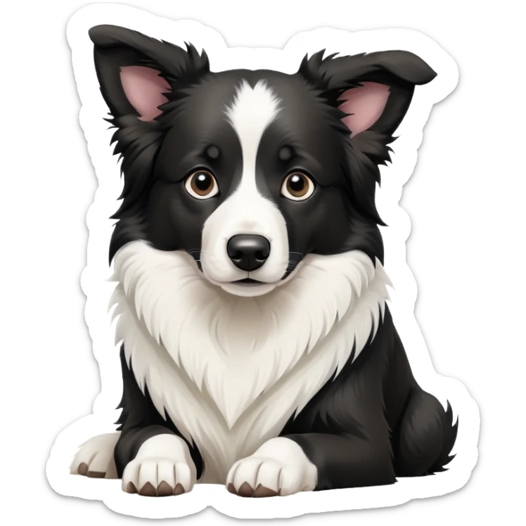 Sitting Border Collie dog with ONLY ONE single black ear, the rest of the dog including the other ear is completely white, extreme contrast between the one black ear and white body sticker