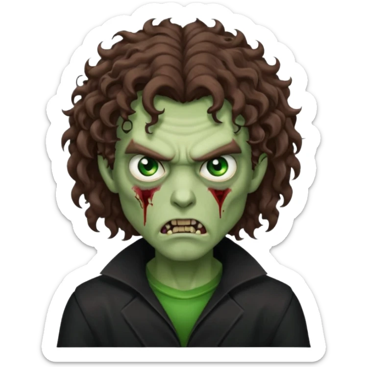 long curly haired male zombie with brown hair color and green eye color, with dark vampire clothes and angry face emotion sticker