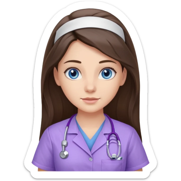 pretty brunette nurse with long hair and blue eyes in lilac scrubs sticker