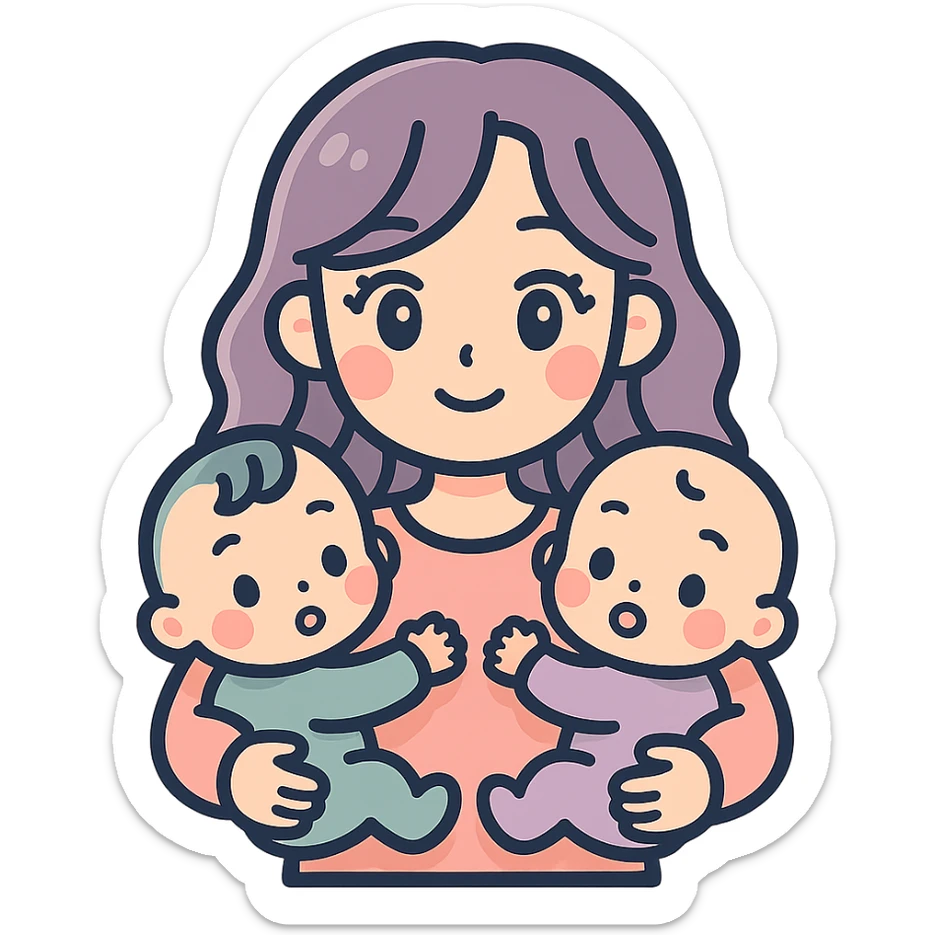 cute young woman with long wavy hair and expressive eyes holding two babies in bodysuits, icon-color-outlined style, detailed shadows and highlights, thin clean contours, soft rounded shapes, pastel palette #98B5BC, #B5B3C1, #C9A3C9, #E4C0CA, #F7DCD1, #F7C0AA, modern Japanese pop art and sticker aesthetic, soft lighting, transparent background sticker