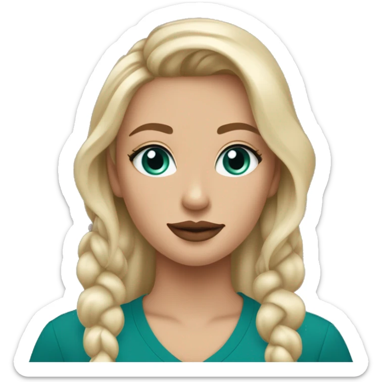 Blonde girl with blue eyes and a full face of makeup except for eyeshadow. Add a dark green shirt with ￼ Navajo pearl necklaces and teal earrings ￼ sticker