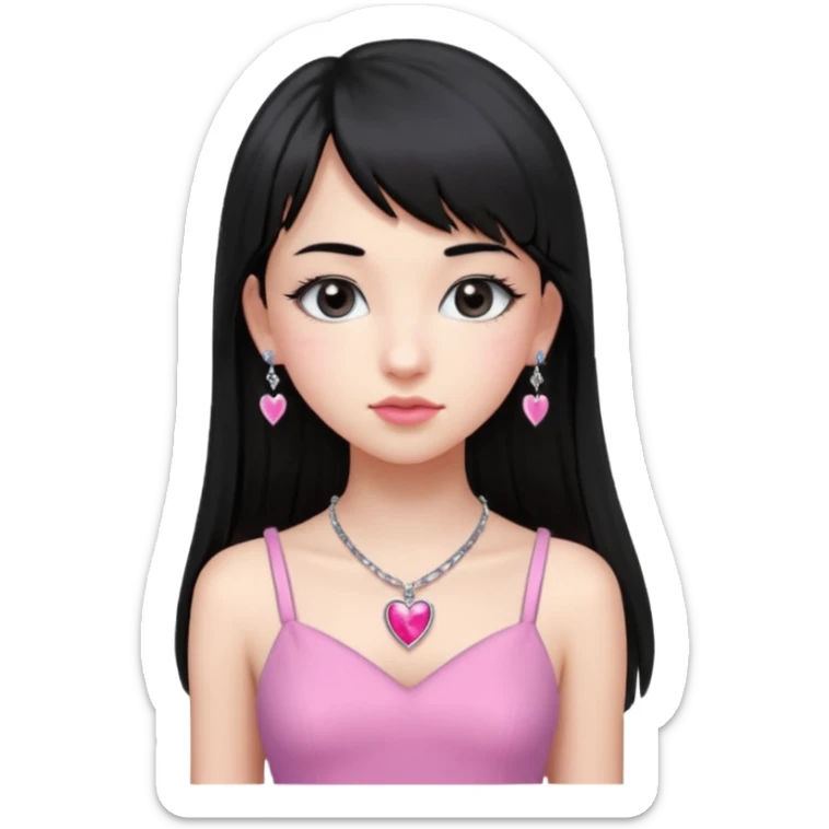 Cabelos pretos longos lisos ,com franja curvada .olhos pretos puxadinho para cima. Cílios longos curvados. Pele clara ,nariz pequeno ,lábios carnudos ,adolescente 16 anos ,vestido rosa de alça, colar de coração prata ,brinco de diamante sticker