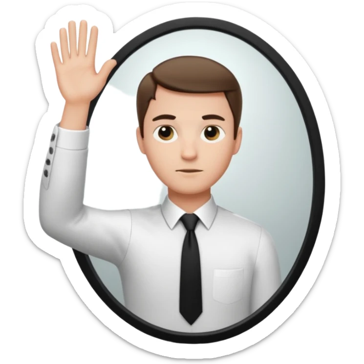 A man wearing a white dress shirt and black tie looking into a mirror holding up his hand. We should be seeing the back of the man and his reflection in the mirror. sticker