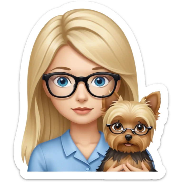 Blonde balayage long hair women with blue eyes wearing glasses holding a Yorkshire terrier  sticker