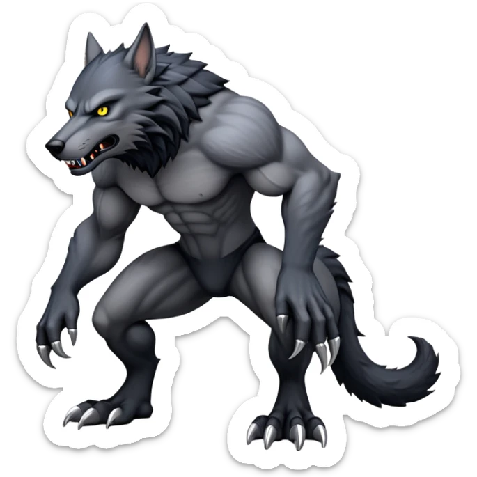 cinematic-noble-fierce-werewolf-full body on all fours-emoji, poised-and-imposing, with a tall, lean, and muscular wolfish frame inspired by the brutal, imposing shape of the beast from Berserk, fur rippling in shades of midnight black and silver, massive paws with razor-sharp claws, elongated limbs and fangs, eyes glowing with an intense, primal ferocity, reflecting the untamed power of the wild moonlit night; rendered with realism like a wolf hunched over sticker