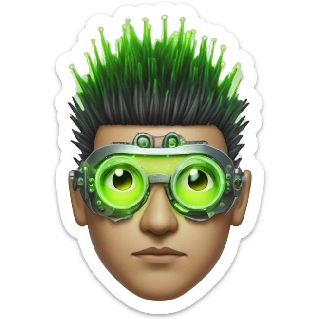 Mohawk hair with neon green highlights Asian male cyborg head with neon silver steampunk goggles and circuits sticker