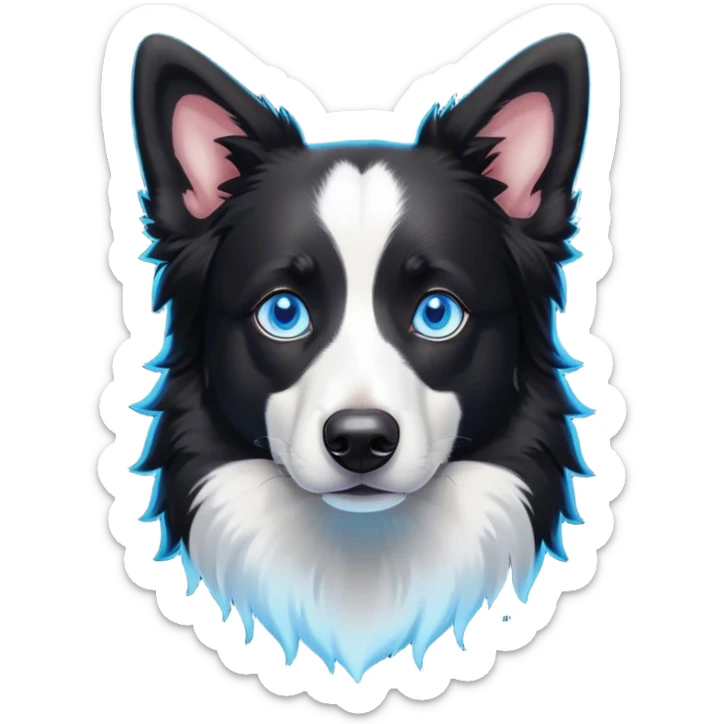 Cinematic Noble Black and White Border Collie Portrait Emoji, Poised and regal, with a lean, athletic build and a sleek, well-groomed black and white coat, piercing blue eyes, Simplified yet sharp and sophisticated features, highly detailed, glowing with a soft, dignified glow, high shine, intelligent and agile, stylized with an air of precision, focused and attentive, soft glowing outline, capturing the essence of a watchful and determined herder, so majestic it feels as though it could sprint out of the screen with effortless authority! sticker