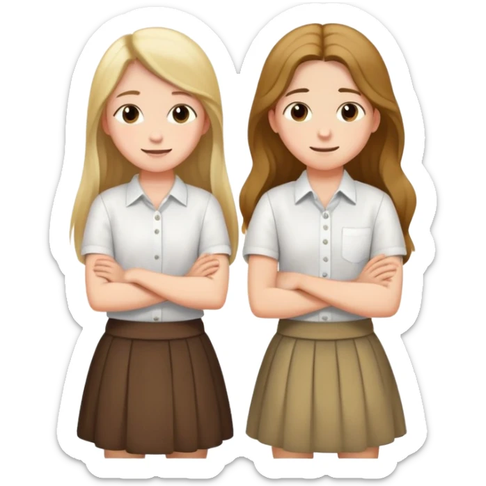 A boy in a white shirt and a girl with long hair in a skirt crossed their arms over their chests - with happy faces sticker