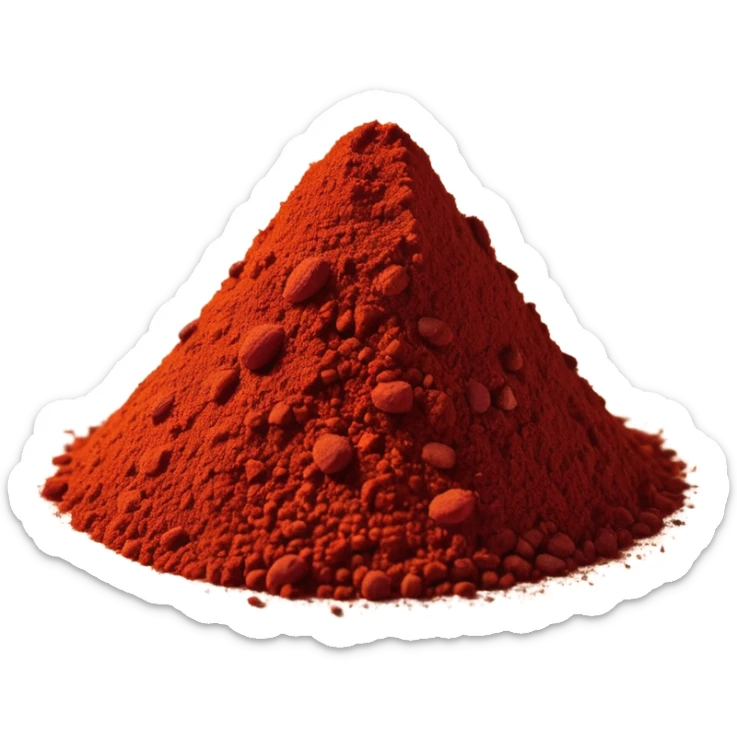 small mound of ground paprika powder, vibrant red-orange color, finely ground, slightly uneven surface, a few scattered specks around the base, dry matte texture, richly pigmented, clean, minimal, soft shadows, no faces or container, emoji scale sticker