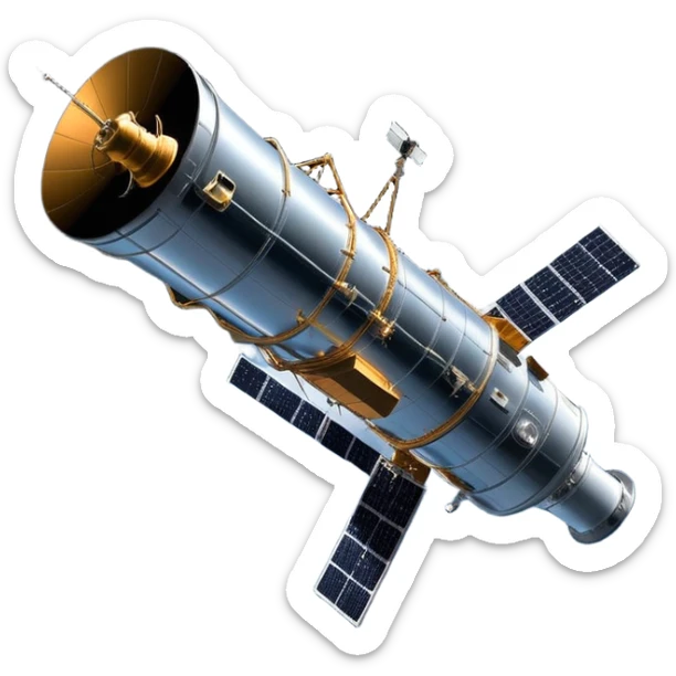 cinematic-realistic-hubble-space-telescope-emoji, an awe-inspiring, ultra-detailed depiction of the Hubble Space Telescope floating in space, its large, reflective metallic surface gleaming against the backdrop of the infinite blackness. The telescope's vast solar panels extend outwards, catching the light from distant stars, while its intricate, cylindrical body showcases advanced, precise engineering. The telescope's large, hexagonal lens is pointed towards the cosmos, surrounded by mechanical components, wires, and sensors. The detailed textures of the telescope’s metallic exterior, the shiny reflective coating, and the intricate grid-like solar panels are sharply contrasted against the void of space, with distant stars and nebulae faintly visible in the background, adding to the sense of scale and technological marvel; rendered with extreme realism and attention to detail. sticker