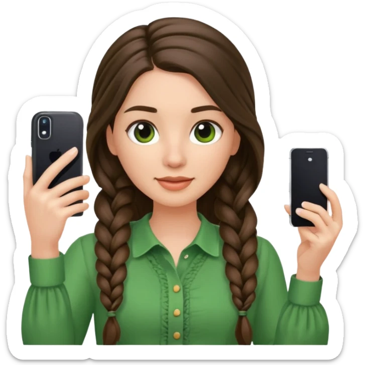 brunette long braided haired woman with green blouse holding her phone having selfie sticker
