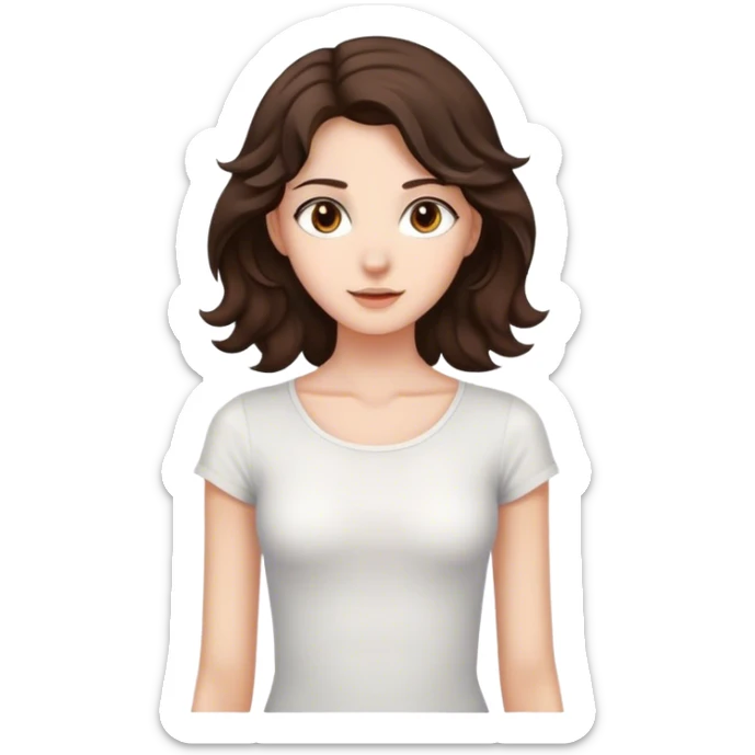 Tall, slender girl with dark brown wavy hair and light brown eyes wearing a white top sticker