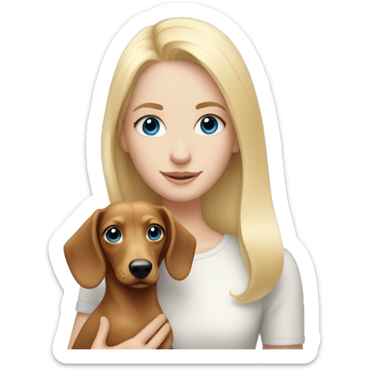 Pale blonde girl with blue eyes holding blonde dachshund long haired  sticker