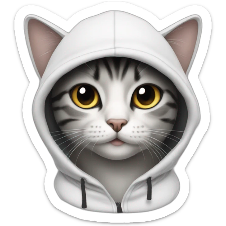 cat wearing a black ball cap and a white hoodie with the hood up sticker