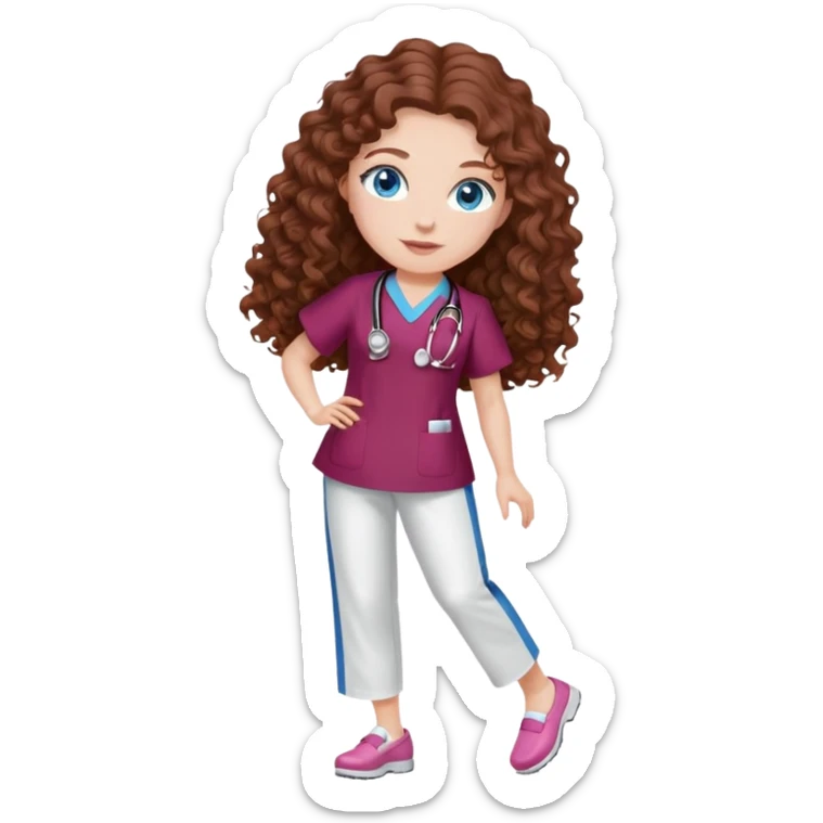 Nurse with long brown curly hair and blue eyes, burgundy tunic, white pants, pink shoes sticker
