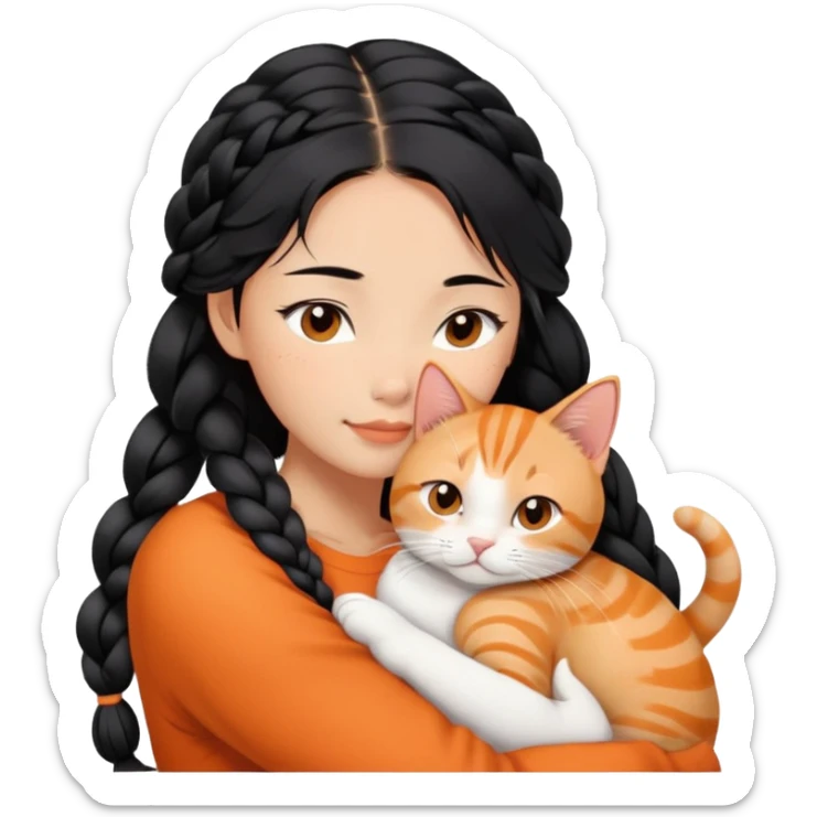 Young Asian woman with braided black hair cuddling a white and orange tabby cat, gentle embrace, affectionate pose sticker