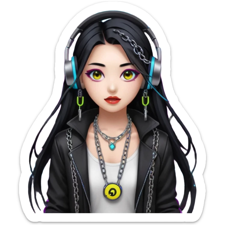  korean-techno-dj-girl,-wearing-a-stylish-edgy-outfit-with-metallic-chains,-long-black-hair,-performing-in-a-neon-lit-underground-club,-cyberpunk-aesthetic,-high-detail-3d-emoji-style,-energetic-and sticker