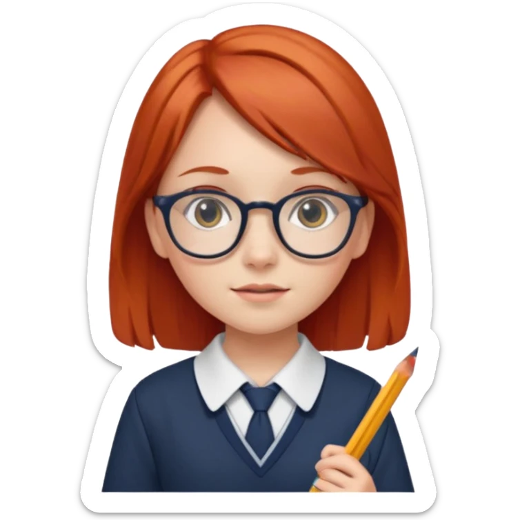 red long hair girl kid with glasses → holding a pencil with school uniform sticker