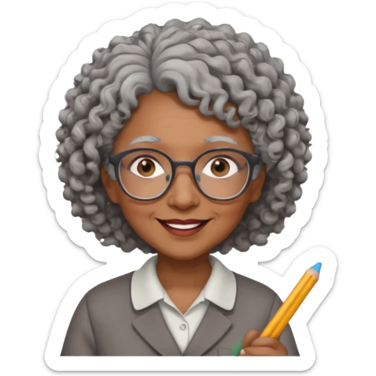 old woman teacher, brown skin, curly grey hai, wearing glasses, hold chalk on hand sticker