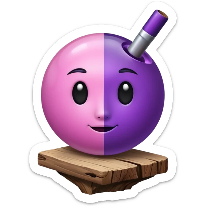 A half pink half purple ball with a face and a wooden stem followed by a glass stem on top of the wood stem tilted 90 degrees sticker