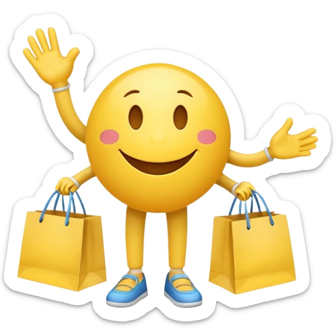 HAPPY SMILEY FACE WITH HANDS AND FEET EMOJI WITH SHOPPING BAGS IN EACH HAND sticker