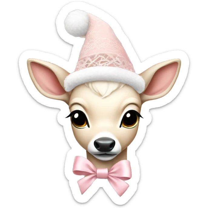 white fawn with pale pink lace ribbon and pale pink christmas hat sticker