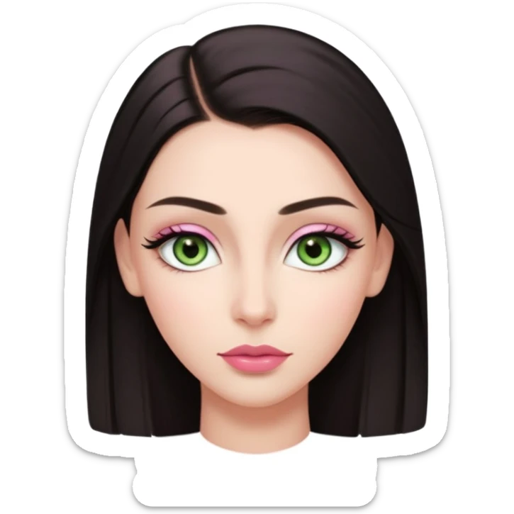Front-facing portrait of a young woman with fair glowing skin, symmetrical features, light green almond-shaped eyes, long lashes, soft arched brows, straight refined nose, and full natural pink lips. Dark sleek hair pulled back with a middle part.  sticker