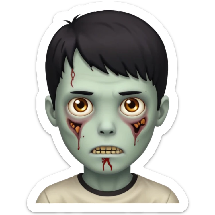 Garoto zombie, de cabelo preto, olhos castanhos claros, cabelo um pouco cacheado com franja sticker